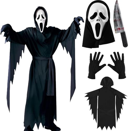 JRYBXS Ghostface Maske,Halloween Kostüme,Screaming Ghost Face Kostüme,Schreikostüm für Erwachsene, EVA-Maske, Handschuhe, Gürtel, blutige Hand als Requisite,Gruselige Atmosphäre von JRYBXS