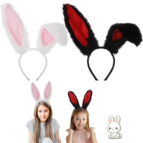 JRYBXS Hasenohren, Hasenohren Haarreif, 2 Stück Haarreif Karneval Schwarz Rot Hasenohren Haarreif und Weißes Pulver Hasenohren Cosplay Damen, für Ostern Halloween Karneval von JRYBXS