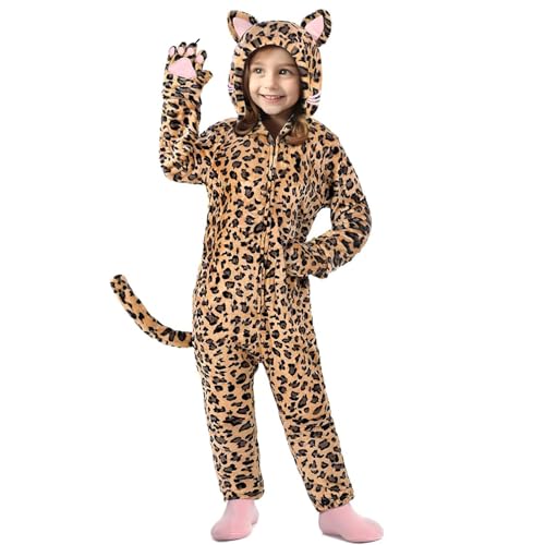 JRYBXS Katzenkostüm Kinder, Halloween Kostüm, Kostüm Damen Jumpsuit Mädchen Tierkostüm Katzenkostüm Set für Tier Mottoparty Halloween Karneval Weihnachten Maskerade (Leopardenmuster, L) von JRYBXS