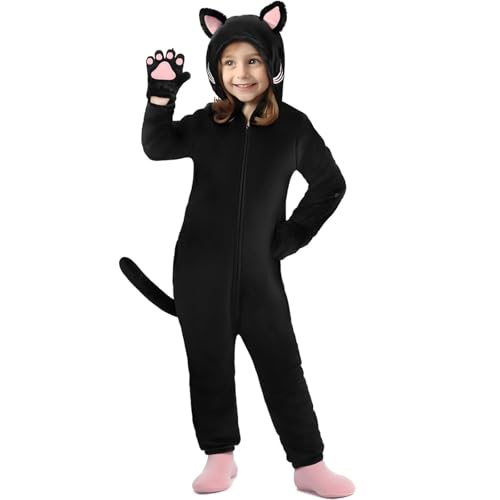 JRYBXS Katzenkostüm Kinder, Halloween Kostüm, Kostüm Damen Jumpsuit Mädchen Tierkostüm Katzenkostüm Set für Tier Mottoparty Halloween Karneval Weihnachten Maskerade (L) von JRYBXS