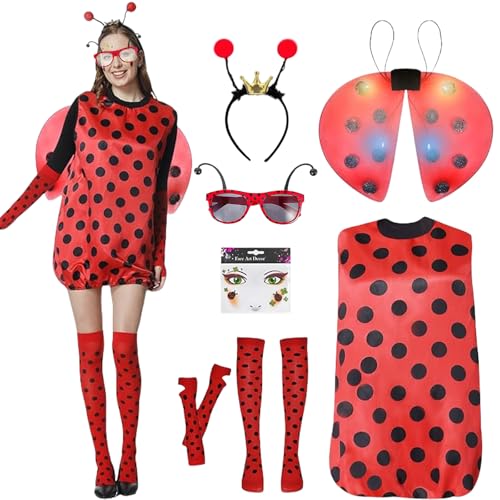 JRYBXS Ladybug Kostüm Mädchen, Faschingskostüme Damen, 9 Stück Rot Mit Glühende Flügel und Haarbänder Lady Bug kostüm, Ladybug Party Outfit für Karneval Dress Up Party Cosplay von JRYBXS