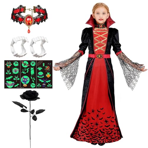 JRYBXS Vampir Kostüm Mädchen, Halloween Kostüm, Gothic Halloween Kostüm Kinder, 5 PCS Vampir Set enthält Kleid, Halskette, Vampirzähne, Rose und im Dunkeln leuchtende Tattoo Aufkleber(L) von JRYBXS