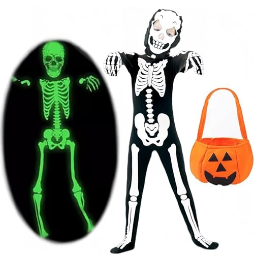 Kostüm Halloween Kinder Skelett, Halloween Kostüm, 5 Stücke Skelett Kostümset Party Mit Kürbis Goody Bag Zubehör Cosplay Requisiten, Geeignet für Halloween Party Deko für Jungen Und Mädchen (XL) von JRYBXS