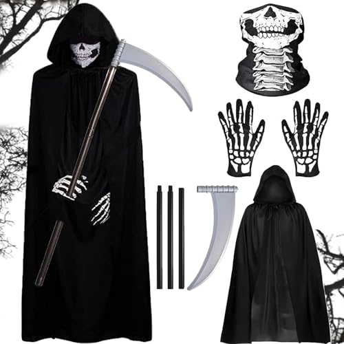 Sensenmann Kostüm, Halloween Deko, 4 PCS Skelett Kostüm Set für Erwachsene Totenkopf Maske, Skelett Handschuhe, Todeszubehör und schwarzer Umhang, Halloween Kostüme Damen für eine gruselige Atmosphäre von JRYBXS