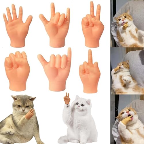 JRYGAC 6 Stück Mini Hände für Katzen, 6 Stile Kreativität Kleine Hände, Tiny Hands Set, Mini Hände für Finger Interessant, Fingerpuppen für Katzen, Haustier, Kinder, Spiele Party von JRYGAC