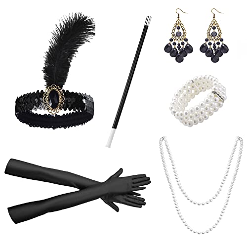 JRYXDS 1920 Zubehör Set, 6 Teiliges 20er Jahre Accessoires, Party Kostüme Damen mit Flapper Stirnband Handschuhen Perlenkette Ohrringen für Halloween Weihnachten von JRYXDS