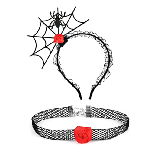 JSGHGDF 2 Stück Punk Spinnennetz Haarband und Spitze Choker Set Cosplay Zubehör für Erwachsene von JSGHGDF