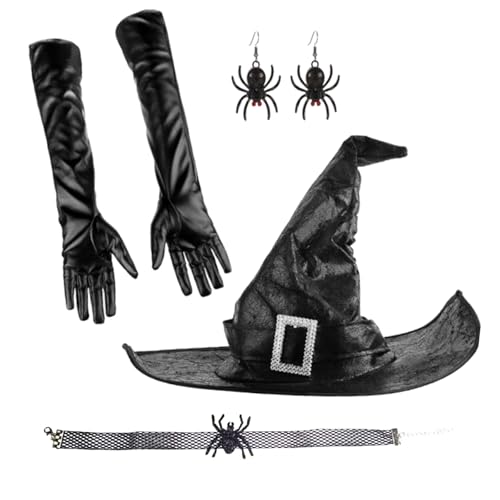 JSGHGDF Halloween-Hexenkostüm, Hut, Handschuhe, Ohrringe, Choker-Set, Partyhut, gerüschter Zaubererhut, Unisex, Hexe, Cosplay-Kostüm-Set von JSGHGDF