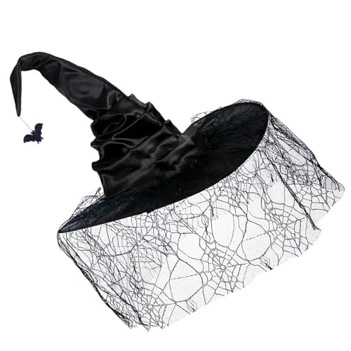 JSGHGDF Hexenhut für Damen, Zaubererhut, Cosplay, Party, Kopfbedeckung, Halloween, Kostüm, Hut, Karneval, Party, spitzer Hut mit Netz-Spinnennetz von JSGHGDF