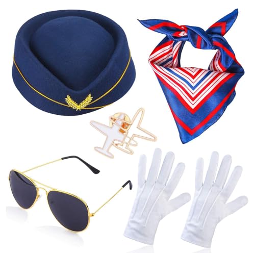 JSGHGDF Karneval Erwachsene Stewardess Hut mit Sonnenbrille + Taschentücher/Handschuhe/Brosche Frau Fotografie Fedoras Hut Fotografie Kostüm von JSGHGDF