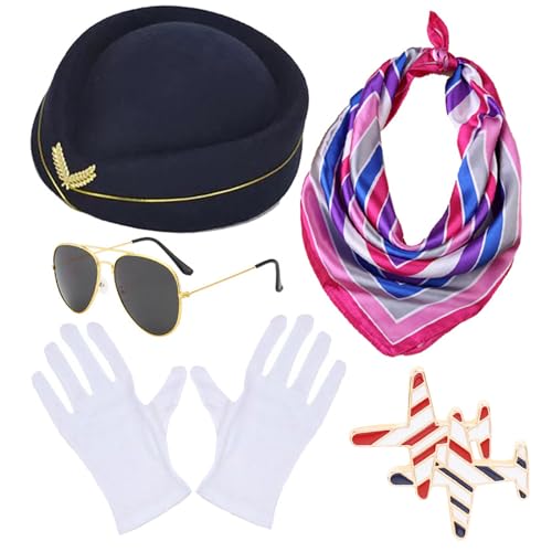 JSGHGDF Karneval Erwachsene Stewardess Hut mit Sonnenbrille + Taschentücher/Handschuhe/Brosche Frau Fotografie Fedoras Hut Fotografie Kostüm von JSGHGDF