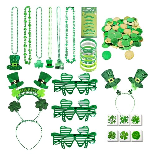 JSGHGDF Patricks Day Outfit Set Grün Kostüm Stirnband Körper Aufkleber Armband Halskette Münze Brille Kostüm Set von JSGHGDF