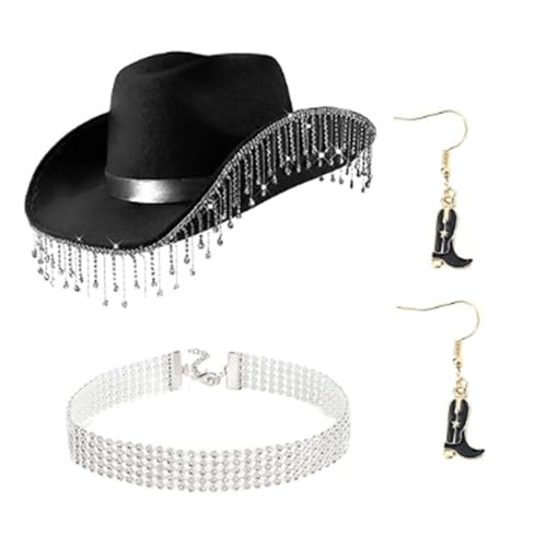 JSGHGDF Strass-Fransen Cowgirl-Hut, Choker-Ohrringe für Musik-Festival, Kostüm-Set, Junggesellinnenabschied, Requisiten von JSGHGDF