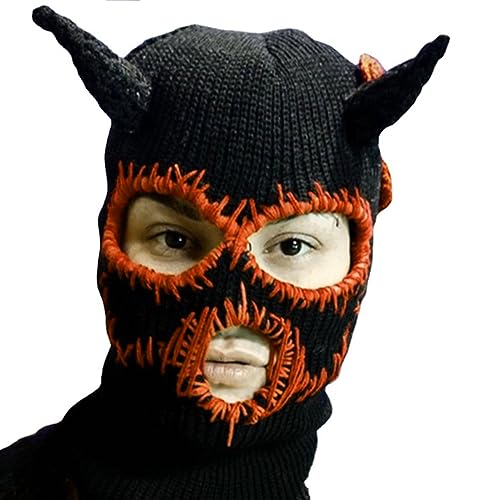 JSGHGDF Teufelshörner, Strickmütze, Halloween, warme Wintermütze, genähte Mundnarben, Skimütze, Kopfbedeckung für Erwachsene und Jugendliche von JSGHGDF