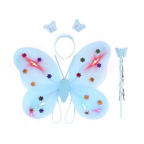 JSNKJLMN LED Schmetterling Feenflügel Prinzessin Kostüm Set, Feenkostüm für Mädchen, Leuchtendes Kostüm Schmetterling mit Feenstab & Stirnband von JSNKJLMN