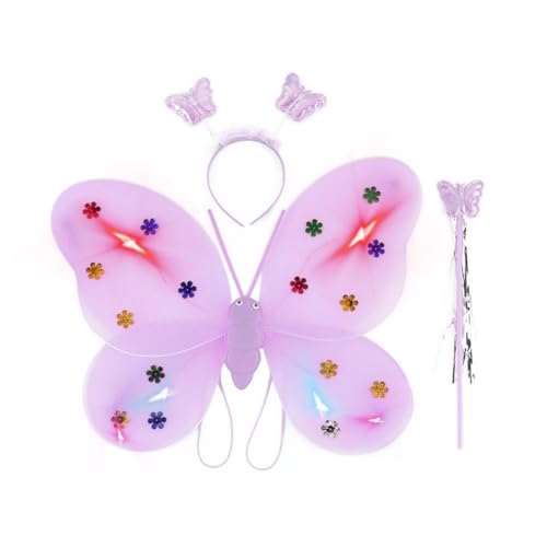 JSNKJLMN LED Schmetterling Feenflügel Prinzessin Kostüm Set Feenkostüm für Mädchen Leuchtend & Fee mit Zauberstab Schmetterling Kostüm Stirnband von JSNKJLMN