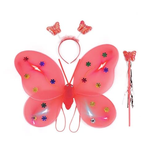 JSNKJLMN LED Schmetterling Feenflügel Prinzessin Kostüm Set Feenkostüm für Mädchen Leuchtender Schmetterling Stirnband Kostüm Fee & mit Zauberstab von JSNKJLMN