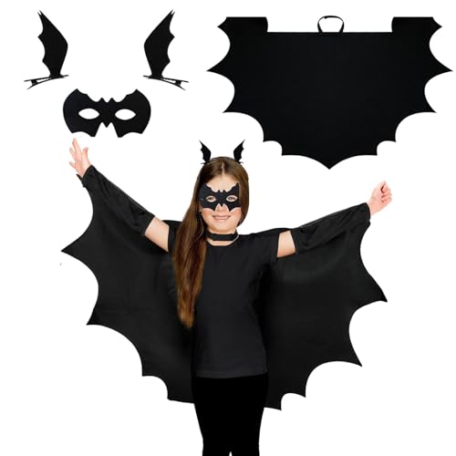 JSRHEEM Fledermaus kostüm kinder, Halloween Fledermaus Kostüm mädchen, Fledermaus umhang kinder, Fledermaus Maske in Schwarz, Halloween Fledermausflügel Haarspangen(L) von JSRHEEM