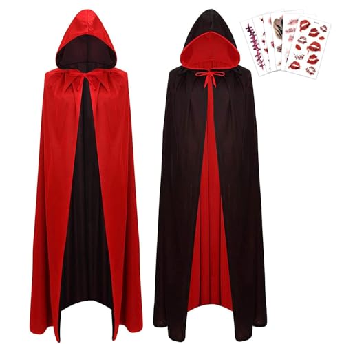 JSRHEEM Halloween Umhang 130cm, Vampir Umhang mit Kapuze, Kostüm Halloween mit Temporäre Tattoos,Polyester Schwarz Rot Doppelseitig Umhang für Erwachsene Cosplay Party Karneval Halloween (130) von JSRHEEM