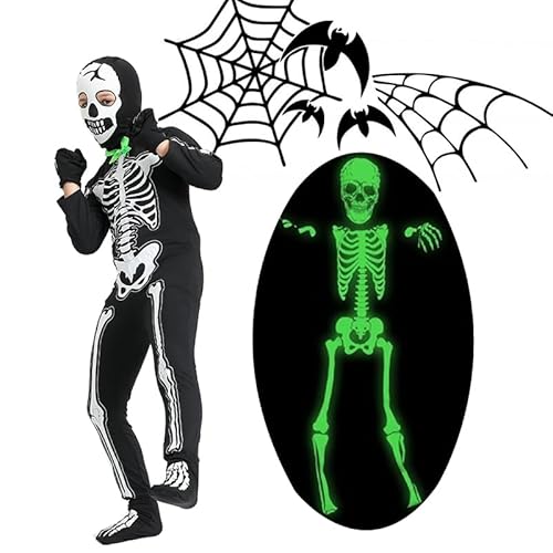 JSRHEEM Leuchtendes Skelett Kostüm für Kinder - Halloween Verkleidung - Overall, Mütze, Handschuhe, Fußsäcke - Glow in The Dark (L(9-11Jahre)) von JSRHEEM