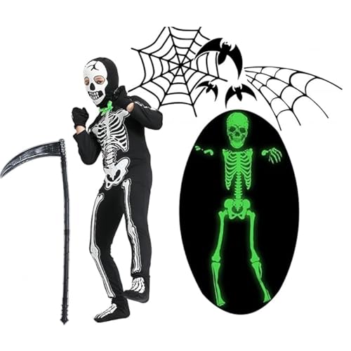 JSRHEEM Leuchtendes Skelett Kostüm für Kinder - Halloween Verkleidung - Overall, Mütze, Handschuhe, Fußsäcke, Sensenmann Sichel - Glow in The Dark (L(9-11Jahre)) von JSRHEEM