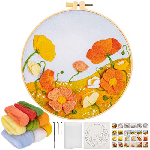 JSRQT Nadelfilzset für Anfänger, Nadelfilz-Malset inklusive Wollfilztuch mit Blumenmuster, Wolle, Stickrahmen, Nadelfilznadeln, Nadelfilz Schaumstoff Pad, Nadelfilz Starter Kit für DIY Heimdekoration von JSRQT