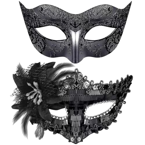 JSTHHTT 2 Pcs Maskerade Maske, Venezianische Maske Damen Herren, Venezianischen Maske Paar, Venezianische Maske, Venezianischen Maske für Damen Herren Halloween Karneval Party Kostüm, Schwarz von JSTHHTT