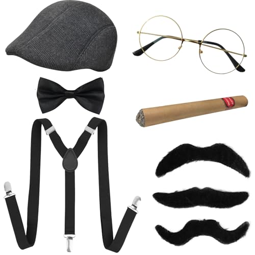 JSTHHTT 20er Jahre Kostüm Herren Accessoires, Mafia Karneval Kostüm Herren, Fasching Kostüme Herren Hosenträger Herren Kostüm Set Deko, Gangster Panamahut Fliege Hosenträger von JSTHHTT