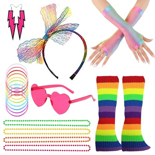 JSTHHTT 22 Pcs 80er Jahre outfit damen set, 80er Jahre accessoires outfit damen, Stirnband, Ohrring, 4 Neon halsketten, Armbänder, Netzhandschuhe, Neon beinwärmer, 80er Jahre kleidung kostüm von JSTHHTT