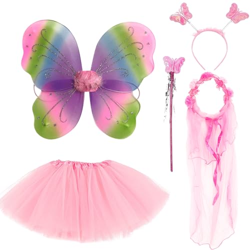 JSTHHTT 5 Pcs Feen kostüm Kinder für Mädchen, Feenflügel Kinder Schmetterling Kostüm Mädchen, Schmetterlingsflügel Kinder Tutu Zauberstab und Haarreifen, Fee Kostüm Damen Schmetterling Flügel von JSTHHTT