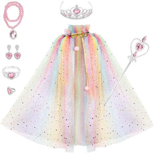 JSTHHTT Mädchen Prinzessin Kostüm, Prinzessin Umhang Kinder Mädchen, Halloween Kostüm Umhang Kinder, Prinzessin Kostüm mit Krone Zauberstab, für Karneval Cosplay Party von JSTHHTT