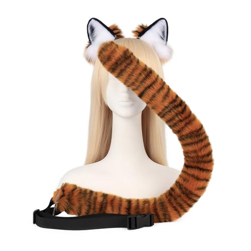 JSZDFSV Handgefertigtes Plüsch-Füchs-Tigerohr-Stirnband und Kunstfell-Schwanz für Halloween, Cosplay, Party, Kostüme, Zubehör, Kinder, Erwachsene, Halloween, Cosplay, Kostüme für Männer und Frauen von JSZDFSV