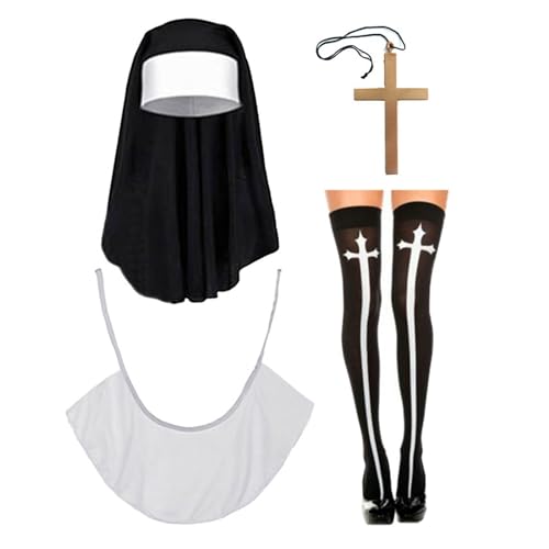 JSZDFSV Kostüm-Set, Kreuz-Anhänger, Halskette, Hut, Kniestrümpfe, Halloween-Zubehör für Damen und Mädchen von JSZDFSV