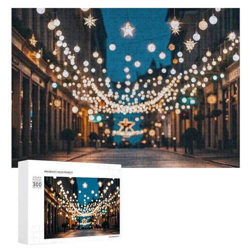 Exquisite Weihnachtslichter leuchten wie Sterne, gedrucktes Holzpuzzle, 300 Teile, Puzzle, schöne Illustrationen, lustige Indoor-Aktivität für Erwachsene und Familien, 39,9 x 27,9 cm von JTKLQBN