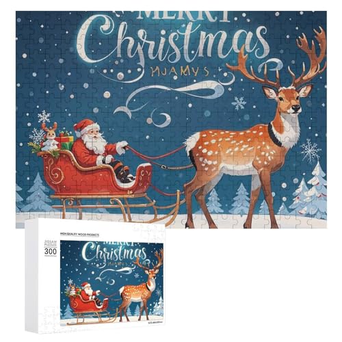 Exquisites Elch-Ziehschlitten, Weihnachtsmann, bedrucktes Holz-Puzzle, 300 Teile, Puzzle, schöne Illustrationen, lustige Indoor-Aktivität für Erwachsene und Familien, 39,9 x 27,9 cm von JTKLQBN