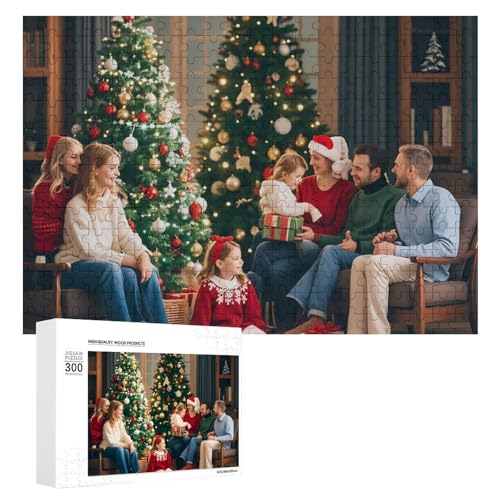 Exquisites Familientreffen unter dem Weihnachtsbaum, gedrucktes Holzpuzzle, 300 Teile, Puzzle, schöne Illustrationen, lustige Indoor-Aktivität für Erwachsene und Familien, 39,9 x 27,9 cm von JTKLQBN