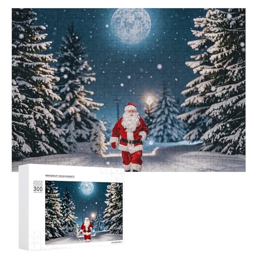 Exquisites Holz-Puzzle, Motiv: Weihnachtsmann geht in einer verschneiten Nacht, 300 Teile, Puzzle, schöne Illustrationen, lustige Indoor-Aktivität für Erwachsene und Familien, 39,9 x 27,9 cm von JTKLQBN