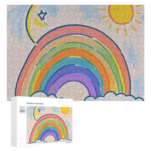 Exquisites Holzpuzzle, Motiv: Sonne, Mond, Regenbogen, 300 Teile, Puzzle, schöne Illustrationen, lustige Indoor-Aktivität für Erwachsene und Familien, 39,9 x 27,9 cm von JTKLQBN