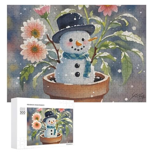 Exquisites Holzpuzzle mit Blumentopf, Schneemann, bedruckt, 300 Teile, Puzzle, schöne Illustrationen, lustige Indoor-Aktivität für Erwachsene und Familien, 39,9 x 27,9 cm von JTKLQBN