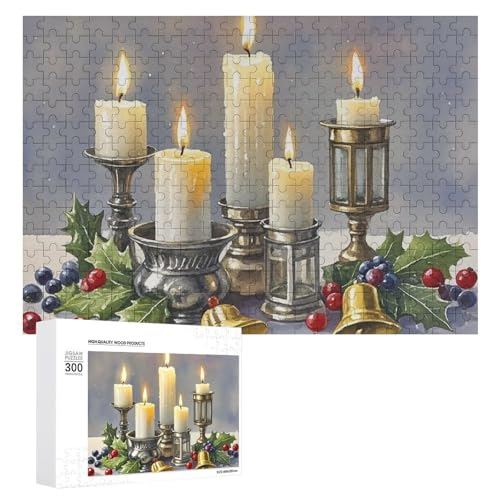 Exquisites Holzpuzzle mit Weihnachtskerze, bedruckt, 300 Teile, Puzzle, schöne Illustrationen, lustige Indoor-Aktivität für Erwachsene und Familien, 39,9 x 27,9 cm von JTKLQBN