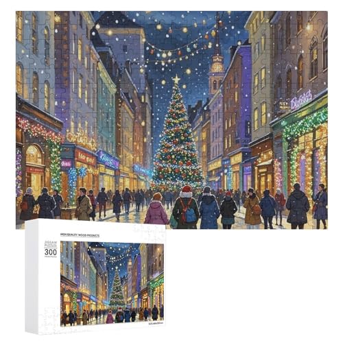 Exquisites Holzpuzzle mit Winterstadt, 300 Teile, Puzzle, schöne Illustrationen, lustige Indoor-Aktivität für Erwachsene und Familien, 39,9 x 27,9 cm von JTKLQBN