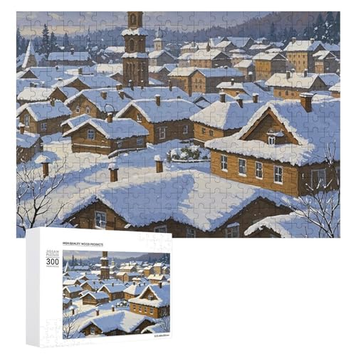 Exquisites Holzpuzzle mit schneebedecktem Dach, 300 Teile, Puzzle, schöne Illustrationen, lustige Indoor-Aktivität für Erwachsene und Familien, 39,9 x 27,9 cm von JTKLQBN