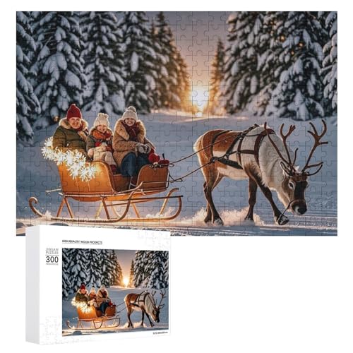 Exquisites Rentier-Ziehschlitten, bedrucktes Holz-Puzzle, 300-teiliges Puzzle, schöne Illustrationen, lustige Indoor-Aktivität für Erwachsene und Familien, 39,9 x 27,9 cm von JTKLQBN