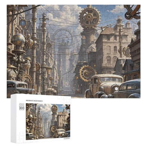 Exquisites Steampunk-Stadt-Holz-Puzzle, bedruckt, 300 Teile, Puzzle, schöne Illustrationen, lustige Indoor-Aktivität für Erwachsene und Familien, 39,9 x 27,9 cm von JTKLQBN