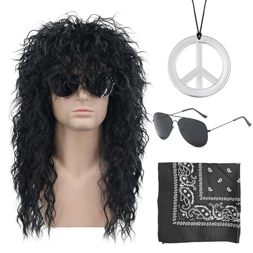 JTMKYO 4-teiliges Disco-Outfit, Sonnenbrille, Peace-Halskette, Einstecktuch, 70er- und 80er-Rock-Perücke, Retro-Outfit, Hippie-Outfit, Punk-Outfit (schwarz) von JTMKYO