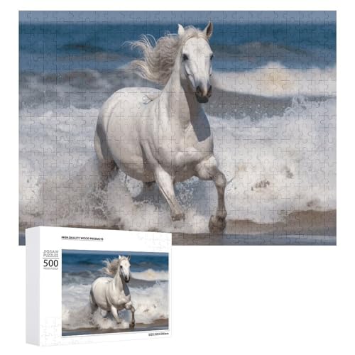 Weißes Pferd, das auf dem Meer läuft, 500 Teile, personalisierte Puzzles, herausforderndes Bildpuzzle, Holzpuzzle, Haustier-Puzzle, Foto-Puzzle für Erwachsene, Hochzeitspuzzle, Familientreffen Puzzle von JTMVNKG