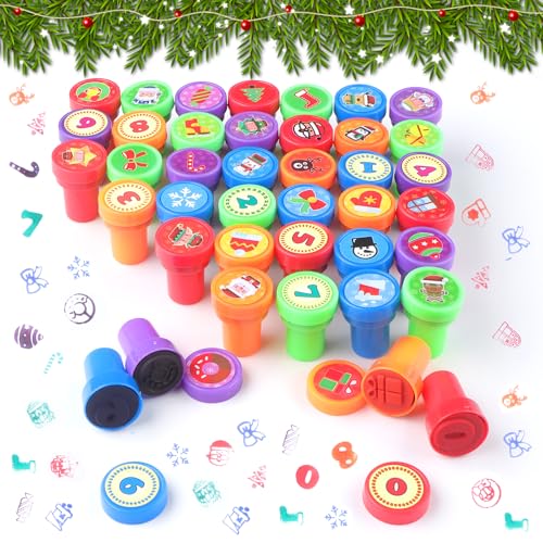 JTgugu 40 Stück Weihnachten Stempelset für Kinder Mehrfarbige Selbstfärbende Stempel Plastikstempel Kinderstempel Briefmarken Spielzeugstempel für Weihnacht Geburtstag party Karnevalspreise Geschenk von JTgugu