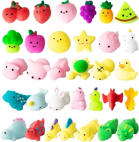 32 Stück Mini Mochi Squishy Set Kawaii Dinosaurier Obst Tier Squeeze Squishies Anti-Stress-Spielzeug Fidget Toy für Jungen und Mädchen Geburtstagsgeschenk Weihnachten Geschenktüten Kindergeburtstag von JUAUO