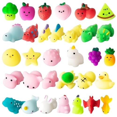 32 Stück Mini Mochi Squishy Set Kawaii Dinosaurier Obst Tier Squeeze Squishies Anti-Stress-Spielzeug Fidget Toy für Jungen und Mädchen Geburtstagsgeschenk Weihnachten Geschenktüten Kindergeburtstag von JUAUO