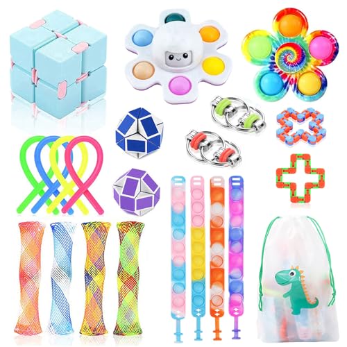 22 Pcs Fidget Spielzeug Pack, Autistische ADHD Kinder Spielzeug, Erwachsene Stress Relief Anti Angst Sensory Spielzeug, Party Gefälligkeiten Geschenke für Kinder mit Aufbewahrungstasche von JUAUO